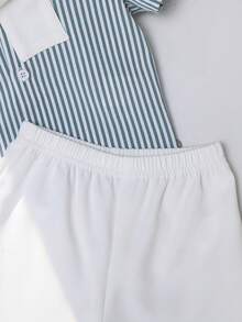 SHEIN 3件套男婴舒适休闲百搭日常时尚简约风短袖衬衫上衣、白色条纹披肩、白色短裤及腰带多件套西装制服正装，适合室内、室外、日常、运动、玩耍、派对、拍照、度假、节日、婚礼、迎婴派对、洗礼和一周岁生日庆祝等场合。春夏红色两件套幼儿制服幼儿男童婚礼服装红白 - 彩色 - 查看 5