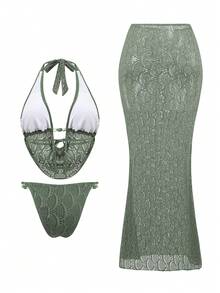 Swim Oasis 女士沙滩连衣裙，纹理网眼针织面料，军绿色，深V垂褶领口，性感修身长裙，时尚休闲度假优雅高端女士泳装套装 - 軍綠色 - 查看 3