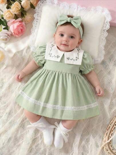 SHEIN 新生女宝宝春夏粉色短袖泡泡袖连衣裙，搭配刺绣彼得潘领和蕾丝边裙摆，可爱甜美公主风，新生儿女宝宝服装