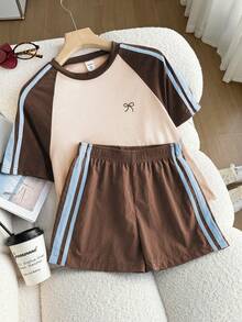 SHEIN Sparklyn Tween Girls Chocolate Brown Colorblock Short Sleeve T-Shirt And Shorts Set,Sports Style,Loose Fit,Back-To-School Summer Casual School Daily Wear - Brown - View 6