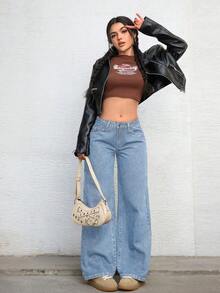 SHEIN ICON 休闲水洗低腰直筒牛仔裤 - 淺色水洗藍 - 查看 4