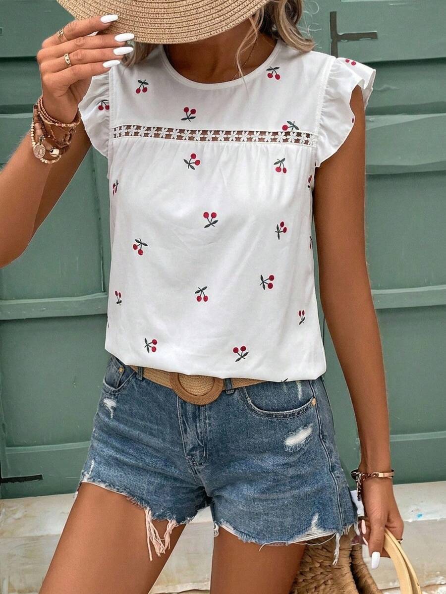 SHEIN Frenchy 樱桃印花短袖圆领夏季T恤 - 彩色 - 查看 1