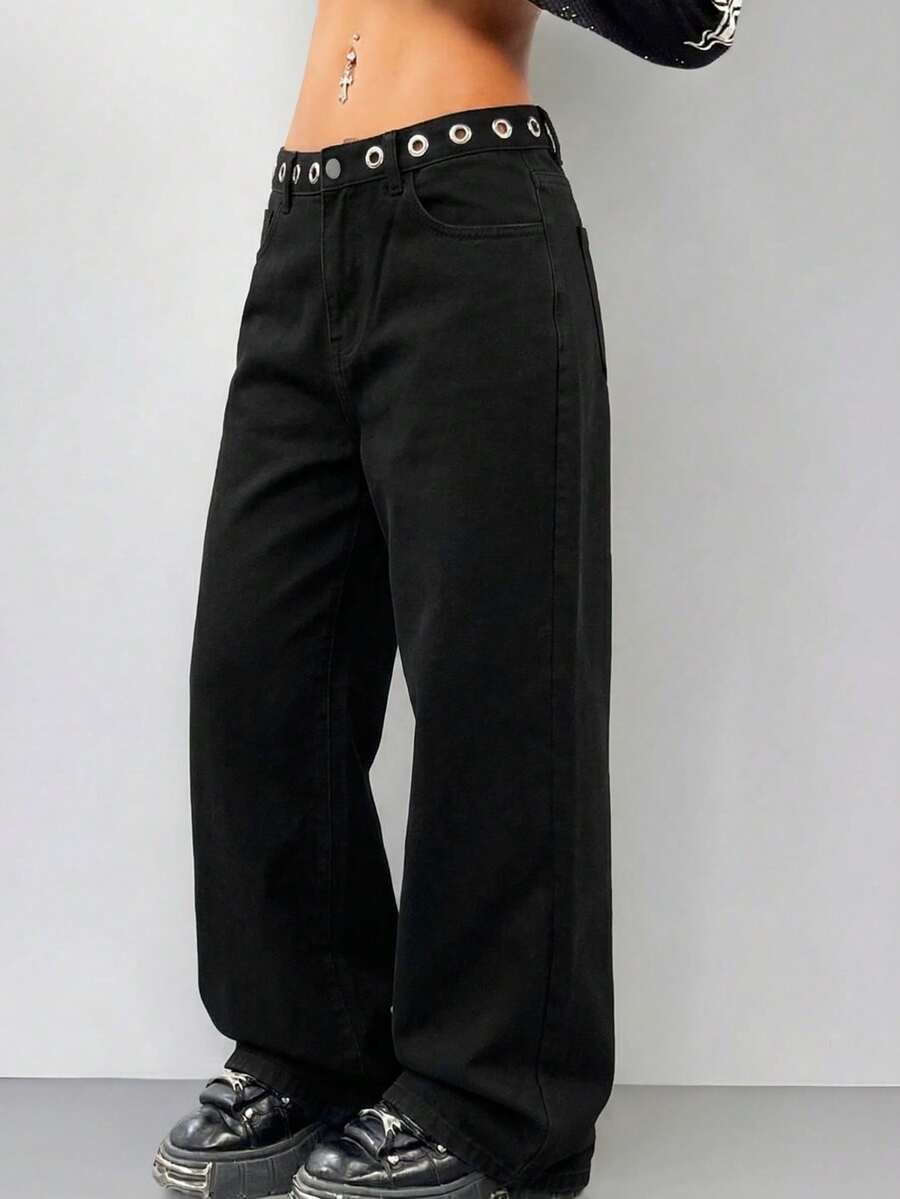 SHEIN PETITE Pantalones vaqueros negros de mujer con estilo Y2K viral, cintura alta, pierna ancha con ojales metálicos, ropa casual de calle para verano. Pantalones vaqueros de mujer con diamantes incrustados, cintura baja, pierna ancha, estilo Y2K para festivales de música - Negro - Ver 1