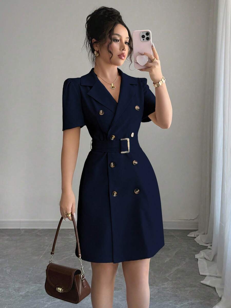 Selianne Đầm cổ bẻ thắt eo hai hàng cúc tay cánh hoa - Màu xanh hải quân - Xem 1