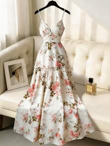 Franclia Women's Elegant Rose Pattern Spaghetti Strap Dress, Suitable For Daily Outings And Vacation - Multicolor - View 1