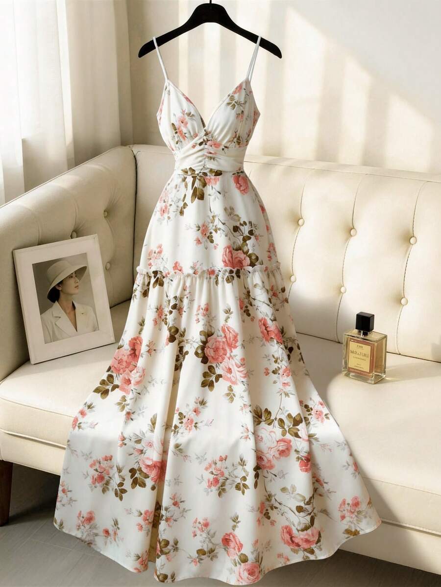 Franclia Women's Elegant Rose Pattern Spaghetti Strap Dress, Suitable For Daily Outings And Vacation - Multicolor - View 1