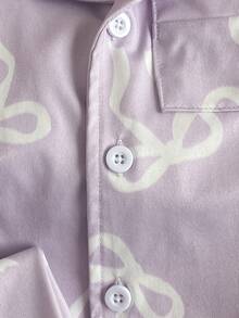 SHEIN 2-Piece Baby Girls Lavender White Bow Print Pajamas,Cute Summer Holiday Sleepwear Set,Soft Knit Lapel Collar Short Sleeve Cardigan & Long Pants Set - Mauve Purple - View 3