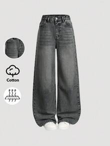 SHEIN 女童时尚宽松直筒水洗牛仔裤，撞色设计，百搭休闲裤，适合春、秋、冬季穿着 - 灰色 - 查看 3