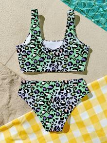Bộ đồ bơi tankini họa tiết da báo tối giản, phong cách thường ngày dành cho bé gái tuổi teen, thích hợp cho mùa hè. - Nhiều màu - Xem 4