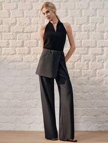 Anewsta 2pcs Women's Asymmetrical Layered High Waist Flared Leg Casual/Office Commute Pants Set - Dark Grey - View 10