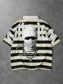 ROMWE MEN Street Life Polo de hombre con gráficos y rayas, corte holgado - Blanco y Negro - Ver 1