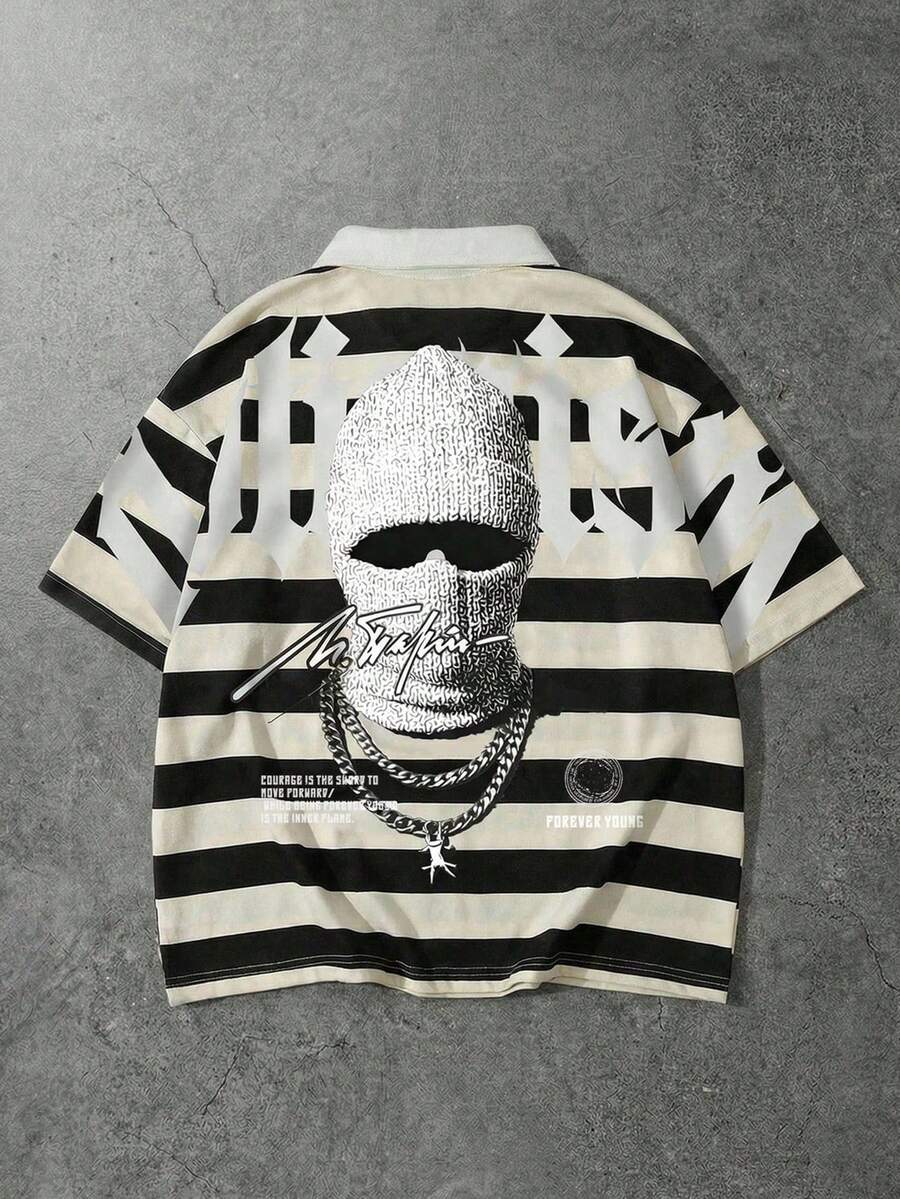ROMWE MEN Street Life Polo de hombre con gráficos y rayas, corte holgado - Blanco y Negro - Ver 1