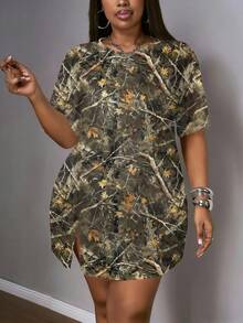 Slaydiva Vestido de mujer de estilo de calle de moda con estampado de rama de árbol marchita, cuello redondo minimalista casual, talla grande, Y2K - Multicolor - Ver 3