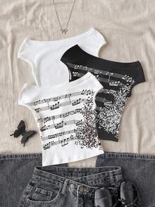 3pcs Off Shoulder Short Sleeve T-Shirt Set,White With Black Polka Dots,Summer,Y2K,School,Back-To-School Musical Note Floral Print Cropped Fit Top - Black and White - View 4