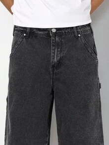 Manfinity Homme 男士夏季黑灰色牛仔短裤，时尚休闲牛仔裤 - 黑色 - 查看 6