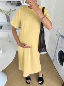SHEIN Đầm ngắn tay dáng rộng màu trơn, thoải mái dành cho bà bầu, thích hợp mặc hàng ngày vào mùa hè. - Màu vàng - Xem 10