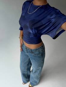 Aloruh 女士纯色圆领蝙蝠袖褶皱设计短款时尚上衣 - 藍色 - 查看 4