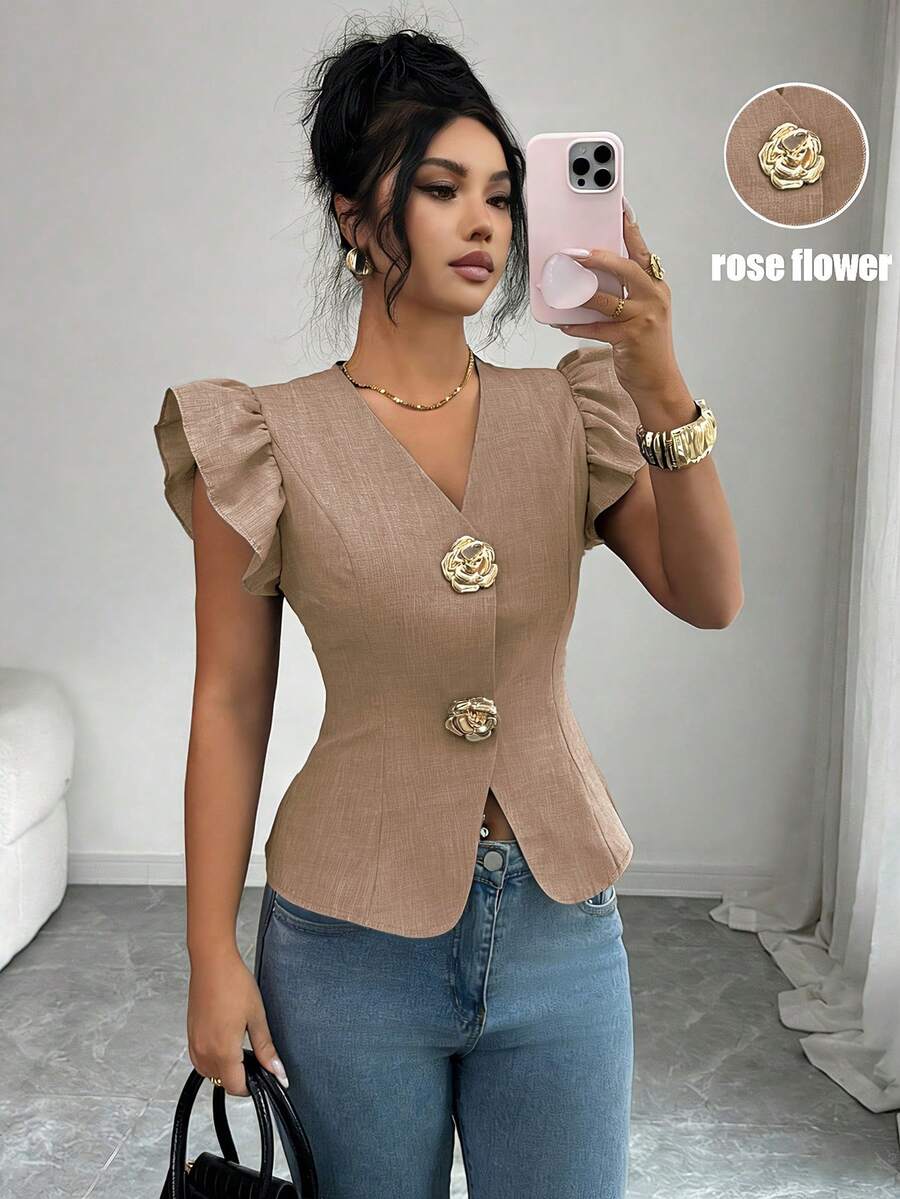 SHEIN Elenzya Elegante Damenbluse in Unifarbe mit Metallschließe, V-Ausschnitt und Volantärmeln, raffinierte Damenbluse - Braun - Übersicht 1