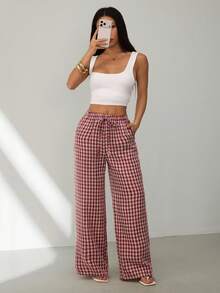 SHEIN PETITE 女士休闲日常格子抽绳腰裤 夏季春季情人节服装 嘉年华外出装扮 女士格子家居服裤 田园风裤 女士红色格子裤 夏季格子裤 红色方格裤 - 紅色 - 查看 7