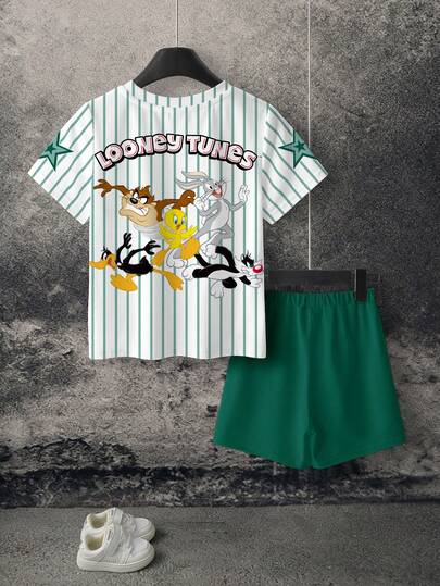 LOONEY TUNES X SHEIN 2件套男童圆领短袖T恤和短裤休闲套装