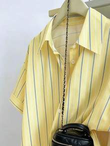 Resyla Women's Casual Striped Print Short Sleeve Shirt, Summer - Yellow - View 3