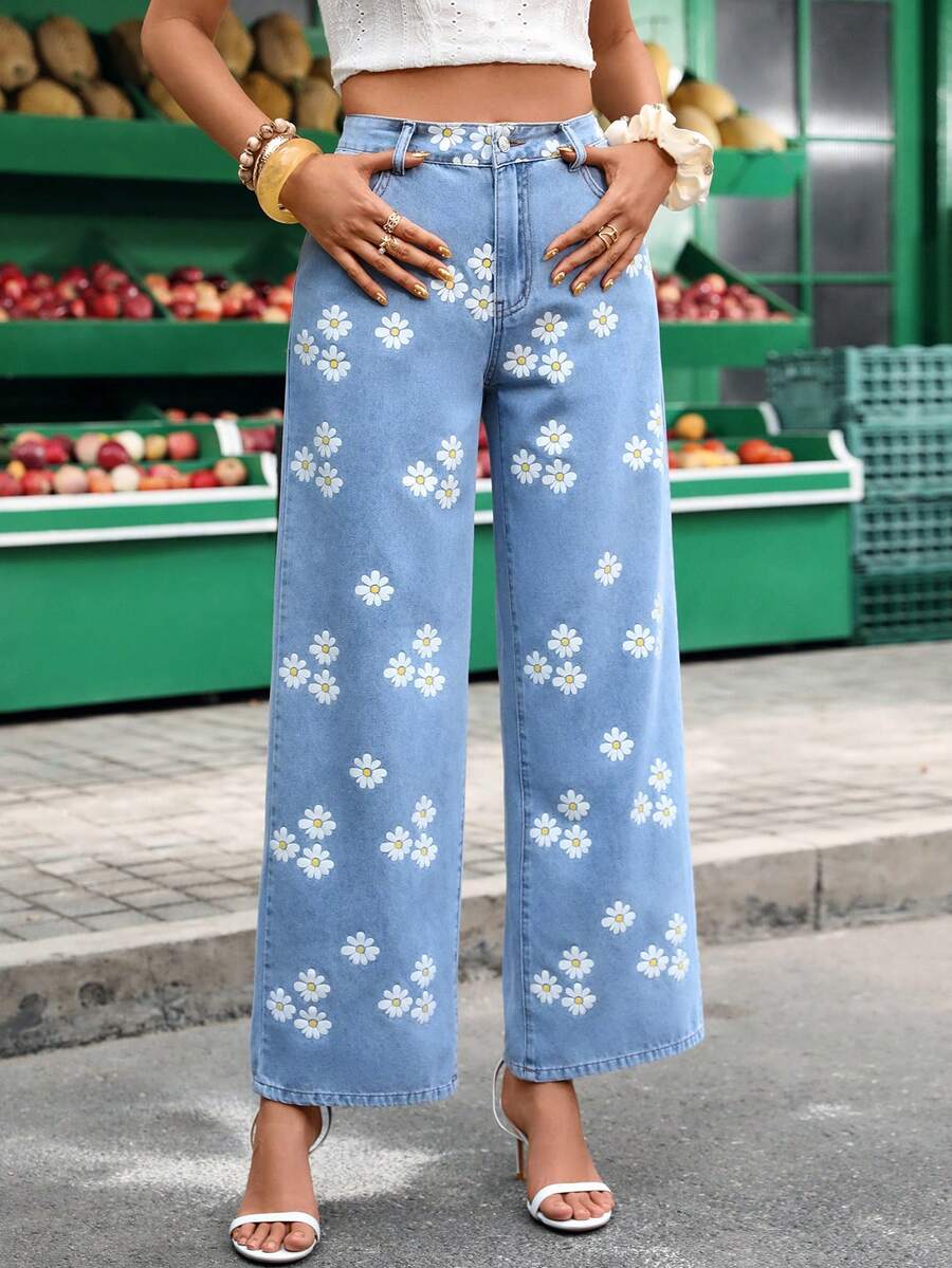 Breezaya Quần jeans nữ dáng rộng in hoa, có túi hai bên. - Màu xanh lam - Xem 1