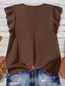 Rusticease 女士纯色短袖V领前开襟纽扣休闲衬衫，适合夏季穿着 - 棕色 - 查看 2