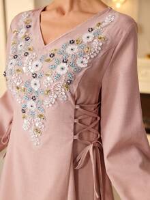 Yasmyna Vestido árabe con cintura anudada, muy bordado y con cuentas para mujer - Rosa - Ver 3
