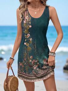 Sylviya Casual Retro Floral Print Sleeveless Summer Dress For Women - Dark Green - View 3