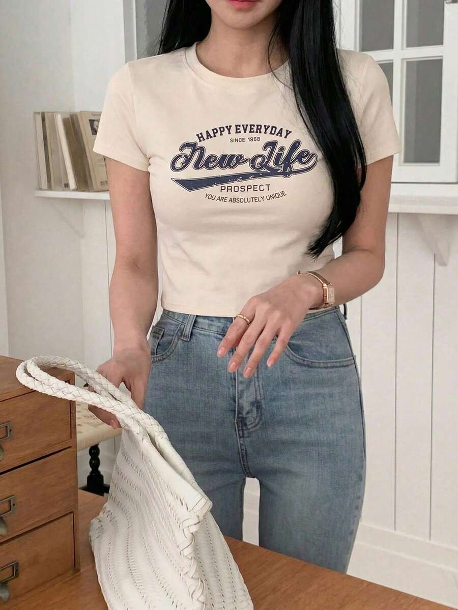 DAZY 女式夏季标语印花短袖T恤，图案T恤 - 米色 - 查看 1