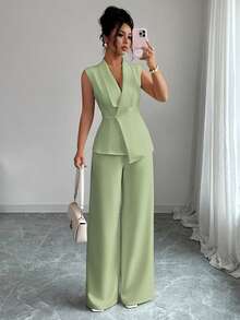 Elenzga 女士优雅通勤下午茶派对套装，不对称下摆无袖西装外套，金属腰带扣装饰，搭配松紧腰长裤，两件套西装，春夏款 - 薄荷綠 - 查看 3