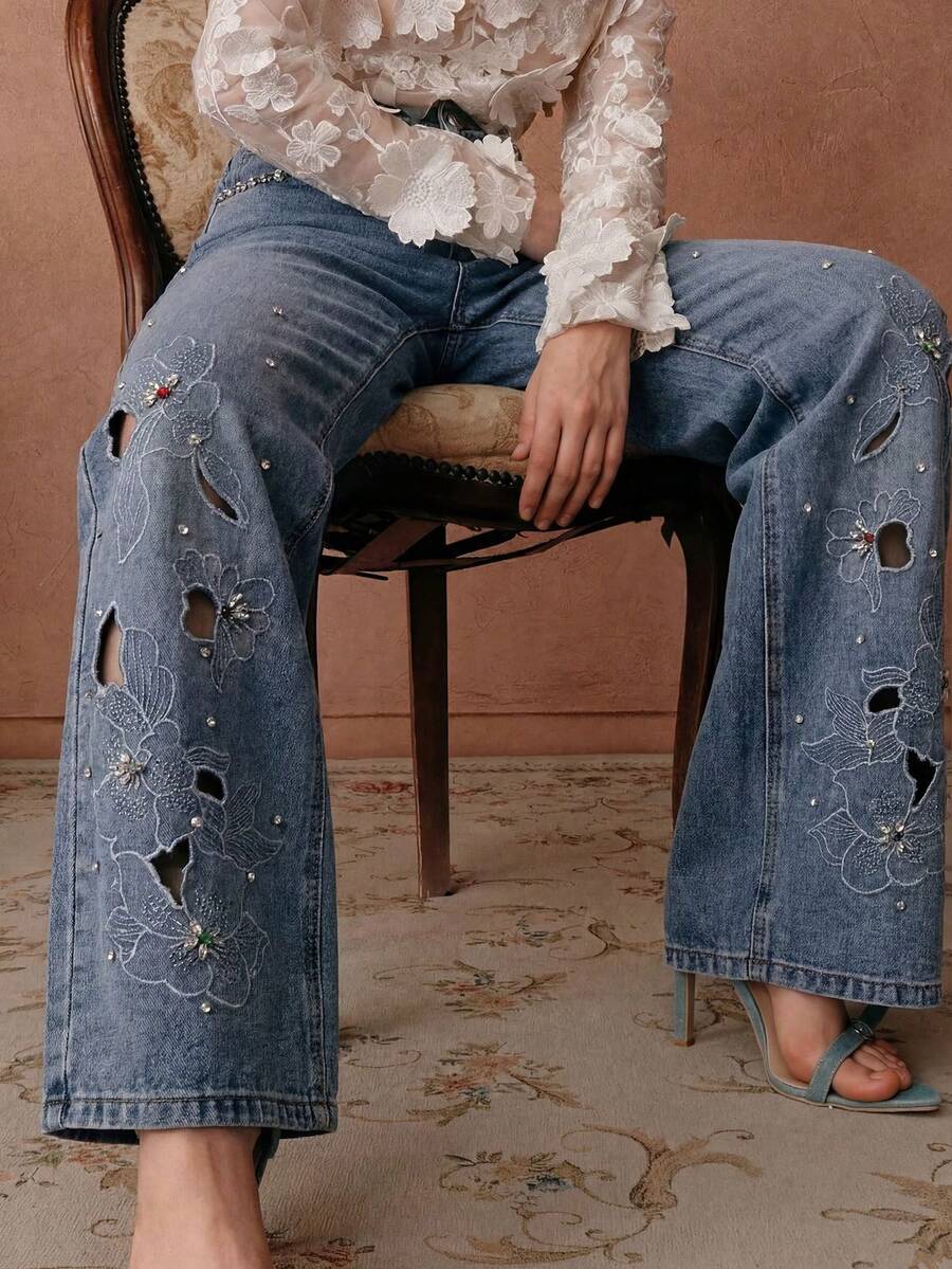 Anewsta Quần jeans ống rộng dáng suông thêu ren đính đá, thời trang mới mùa xuân/hè dành cho nữ, thích hợp mặc hàng ngày đi làm. - Màu xanh lam - Xem 1