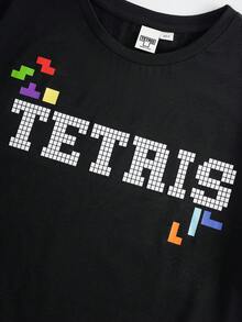 Tetris™ X SHEIN 男童休闲字母图案圆领短袖T恤，夏季 - 黑色 - 查看 4