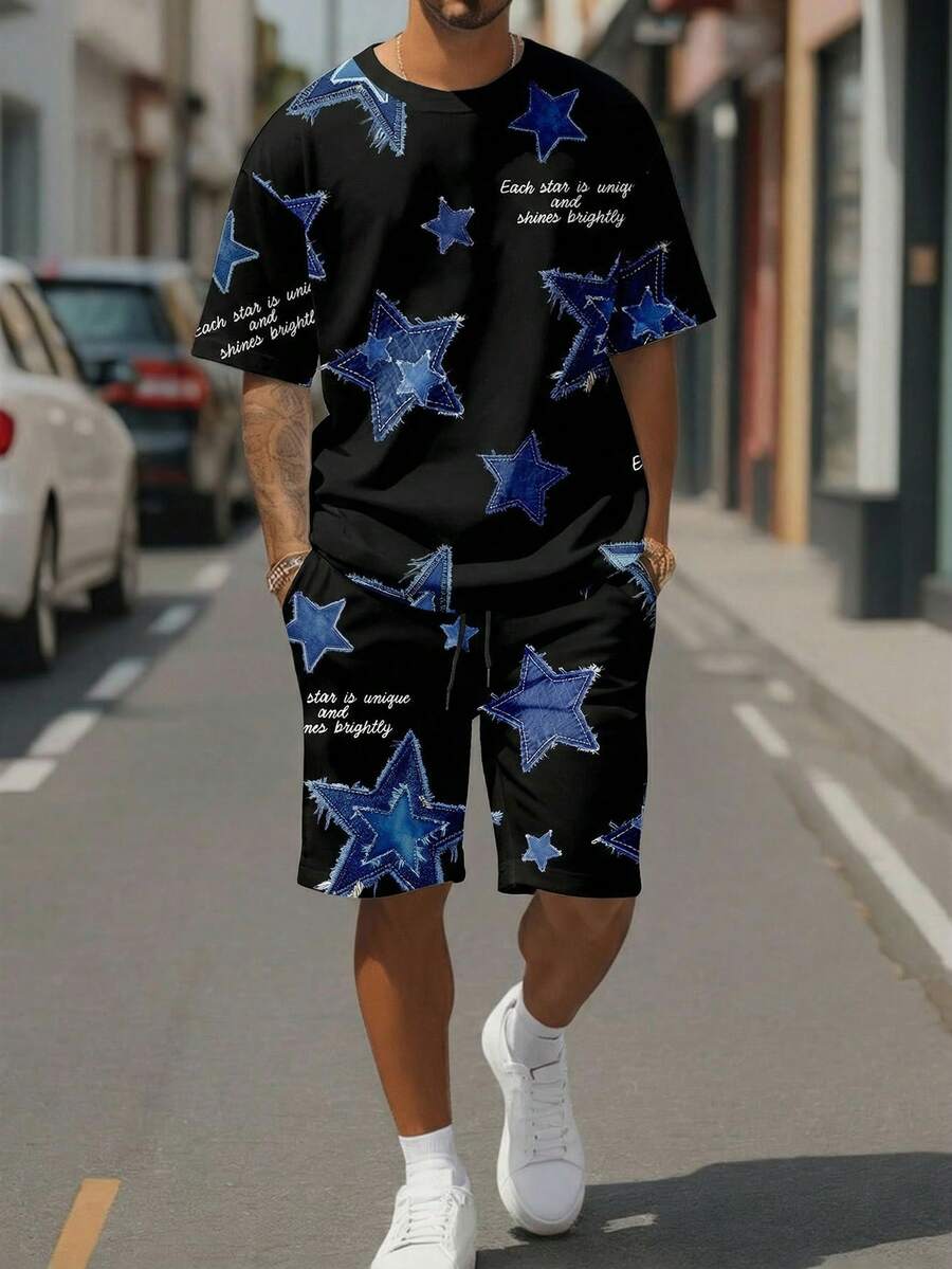 Manfinity Homme 男士星形标语印花T恤和短裤套装 - 黑色 - 查看 1