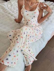 CottageSlumber Women's Romantic Bow Decor Fruit Print Camisole & Pants Pajama Set - Multicolor - View 1