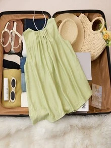 Trelyra 假日休闲时尚圆领无袖宽松绿色女式夏季衬衫 - 綠色 - 查看 2