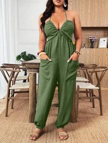 Weeklong Plus Size Women Solid Color Pleated Halter Tie Casual Jumpsuit Pants For Daily Wear - Mint Green - View 5