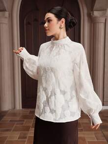 Graceveil Áo sơ mi nữ cổ đứng, chất liệu jacquard, kiểu dáng thường ngày, đa năng. - Màu be - Xem 6