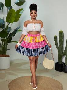 Maweii Plus Size Women Floral Print Flared Skirt - Multicolor - View 7