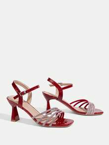 CUCCOO TILAWA Sandali eleganti con tacco alto, punta quadrata, decorazione con strass, in materiale PU con motivo in pietra di mogano, scarpe primaverili adatte per primavera, vacanze pasquali, cene, Natale, San Valentino - Colore mogano - Visualizzare 4