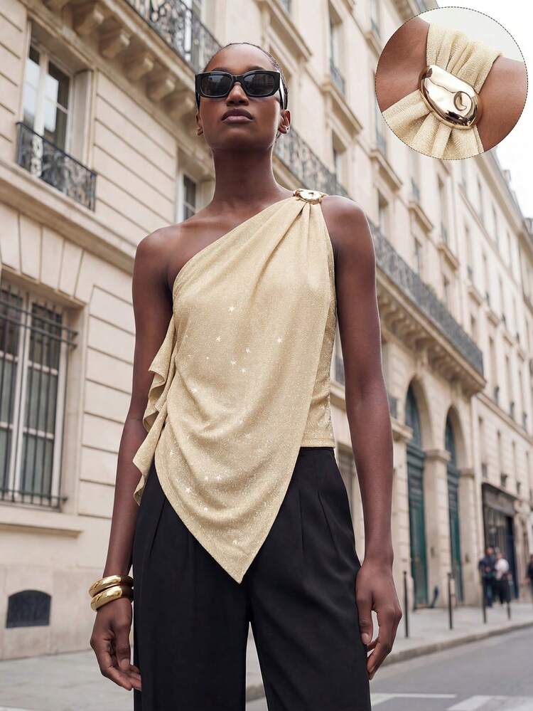 SHEIN Maija Women's Asymmetrical Shoulder Design Top, Summer Fashion One Shoulder Top St Patrick's Day Women Summer Easter Women Party Top Beach Summer Holiday Each Vacation For Women Summer For Women Going Out Graduation Casual Blouse For Women Shoulder Blouse Gold Top For Women Shimmer Top Sparkle Top