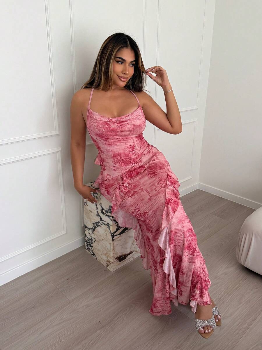 Maria Perezxox 女式彩色复古花卉印花垂坠领口层叠荷叶边下摆长裙，度假风格 - 彩色 - 查看 1