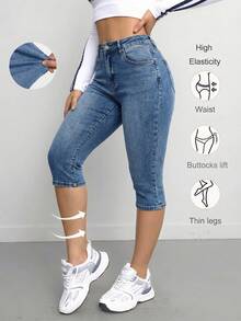 SHEIN Tall Women's High Waist Pocket Skinny Casual Versatile Cropped Jeans - Medium Wash - View 1