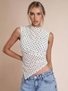 SHEIN BAE Áo tank top nữ in chấm bi, cổ đứng, vạt bất đối xứng. - trắng - Xem 3