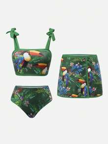 Swim Oasis 女士夏季沙滩花鸟印花休闲比基尼三角裤泳衣套装，含配套半身裙 - 彩色 - 查看 10