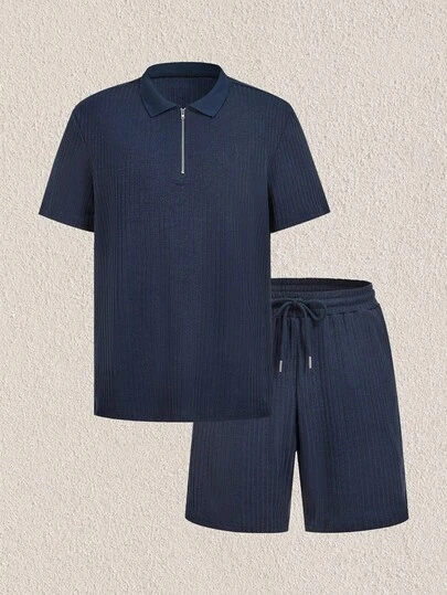 Mercer Haus Men's Half Zipper Short Sleeve T-Shirt And Shorts Set , Suitable For Summer Tropical Holiday Vacation In Hawaii.