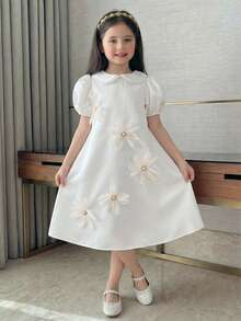 SHEIN 3D Floral Pearl Button Lace Trim Peter Pan Collar Dress, Elegant Minimalist Fashion, Suitable For Holidays, Parties, Outings, Summer & Autumn - White - View 3