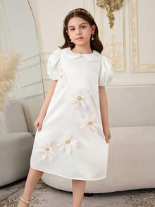 SHEIN 3D Floral Pearl Button Lace Trim Peter Pan Collar Dress, Elegant Minimalist Fashion, Suitable For Holidays, Parties, Outings, Summer & Autumn - White - View 4
