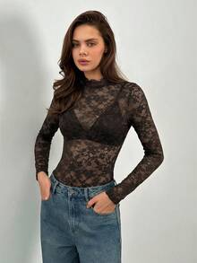 SHEIN Tall 时尚性感透视蕾丝长袖连体衣 - 棕色 - 查看 4