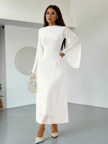 SHEIN PETITE 不对称下摆，喇叭袖，优雅褶皱领口中长连衣裙，浅黄色，娇小码高级款 - 白色 - 查看 1